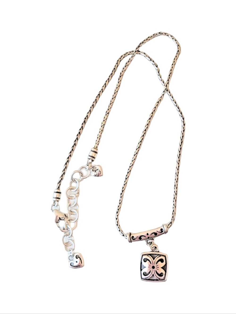 Brighton Silver Tone Wheat Chain Square Scroll Floral‎ Pendant Necklace